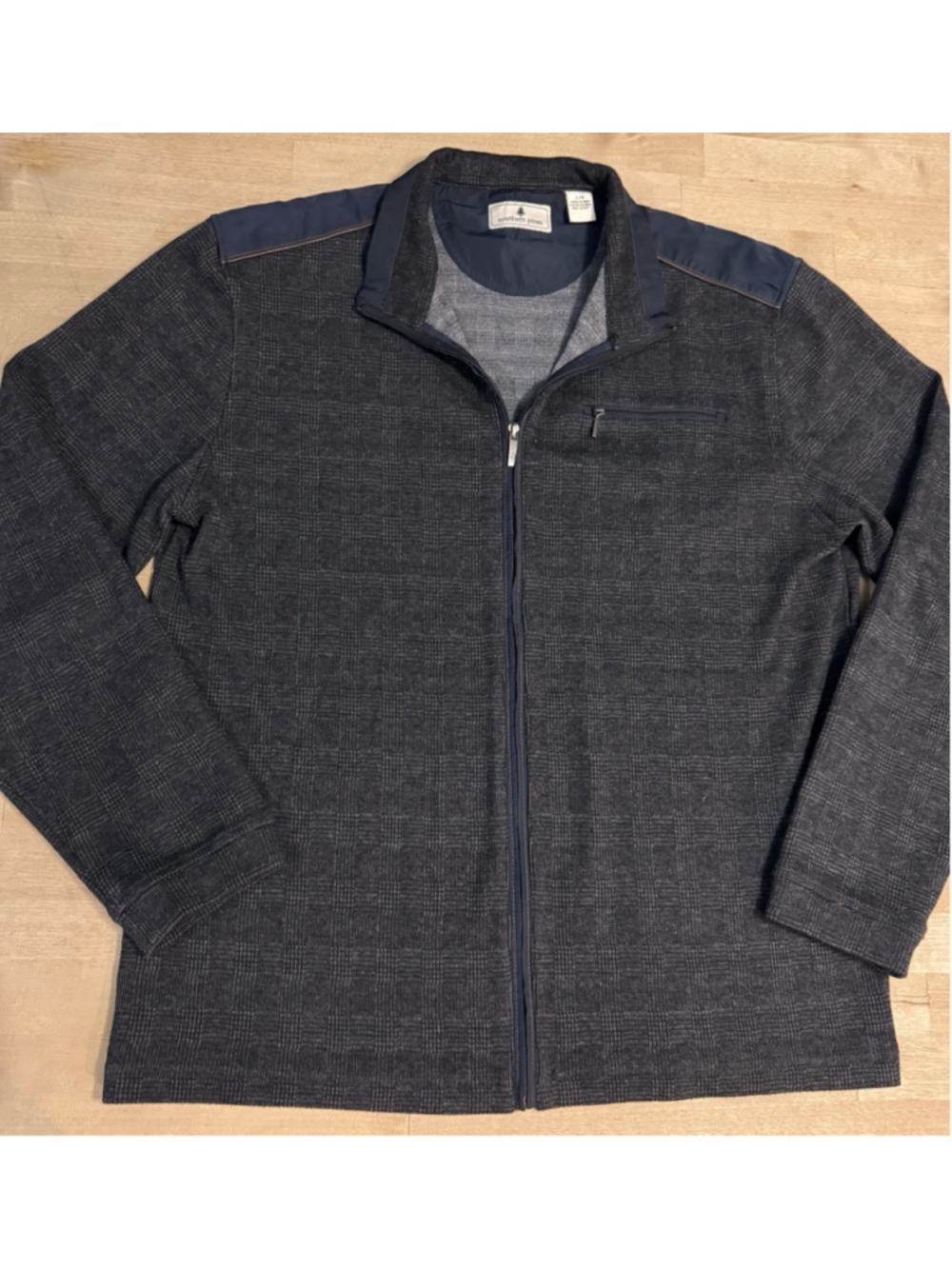 Southern Pines Mens Plaid Zip Up Mixed Media Jacket Size L Blue Grey Stretch